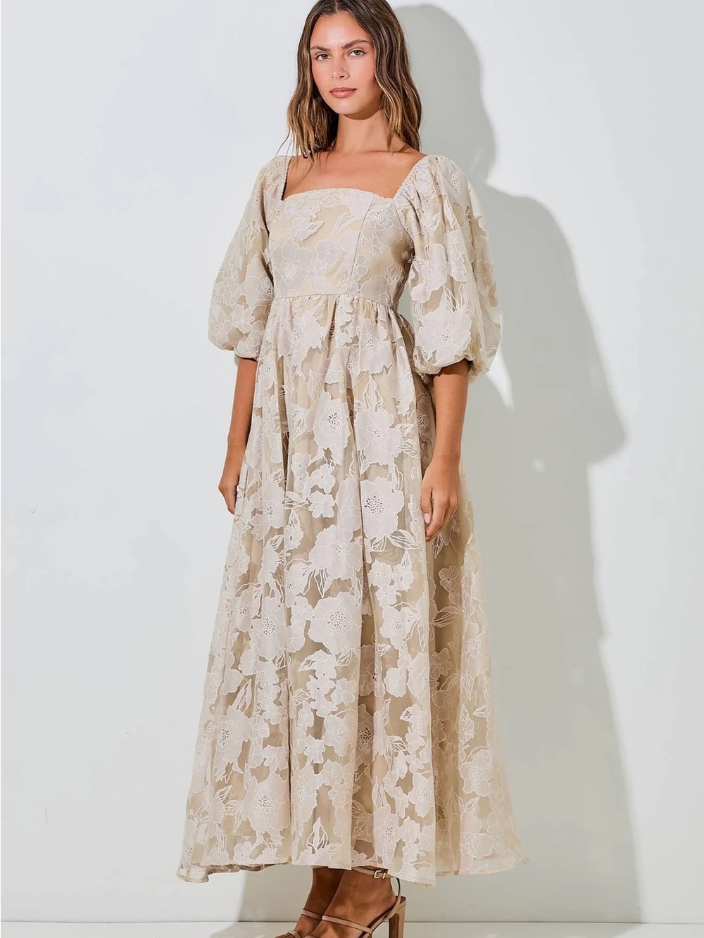 Lace Puff-Sleeve Midi Dress in Soft Ivory